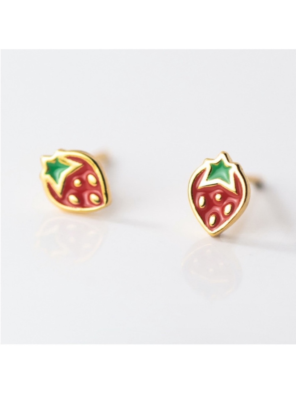 BOUTIQUE Gold Sterling Silver Strawberry Dainty Minimalist Stud Post Earrings - Picture 2 of 6